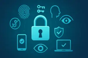 Symbolbild Passkey: traditionelles Vorhängeschloss, umgeben von Fingerabdruck-Icon, Gesichtserkennung, Schlüsselpaar, Anti-Phishing-Symbol sowie Smartphone/Laptop – steht für passwortlosen Zugriff via FIDO2/WebAuthn mit Biometrie und asymmetrischer Kryptografie (für den Mittelstand, Stand 08/2025).