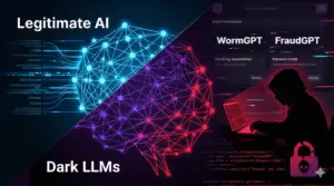 Grafische Gegenüberstellung: Links eine blaue, strukturierte Gehirn-Grafik als Symbol für legitime KI, rechts eine rote Hacker-Silhouette vor Code und Darknet-Marktplatz-Interface für Dark LLMs wie WormGPT und FraudGPT.